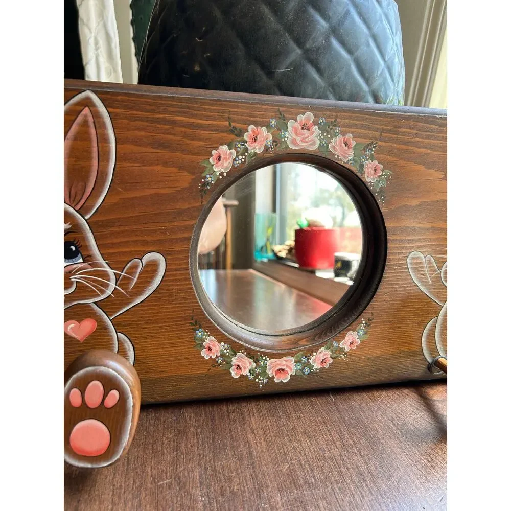 Vintage handmade wall hat coat rack rabbit mirror pine wood 1990s